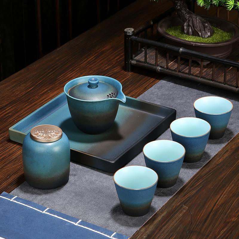 Japanese retro coarse pottery tea set tea set household simple ceramic teapot tea cup kung fu small belt tea tray handmade
