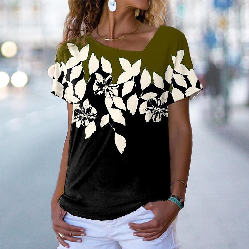 Fashion Women Irregular Neck Tee Summer 3D Floral Print T Shirts Ladies Loose Couples T Shirt Short Sleeve Tops Casual