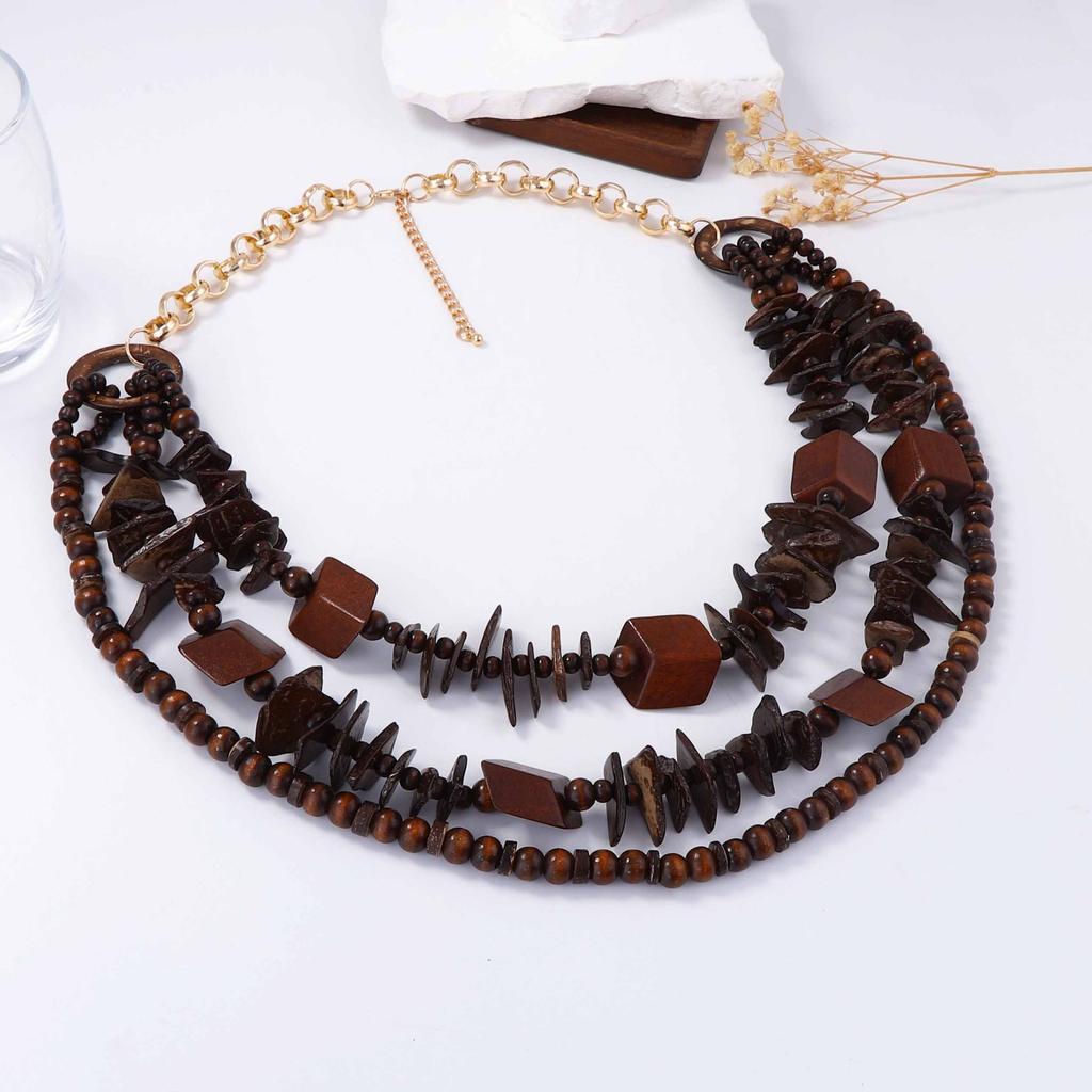 Personality Bohemian ethnic exoticism exaggerated multi-layered wearing beaded geometric wooden women's necklace