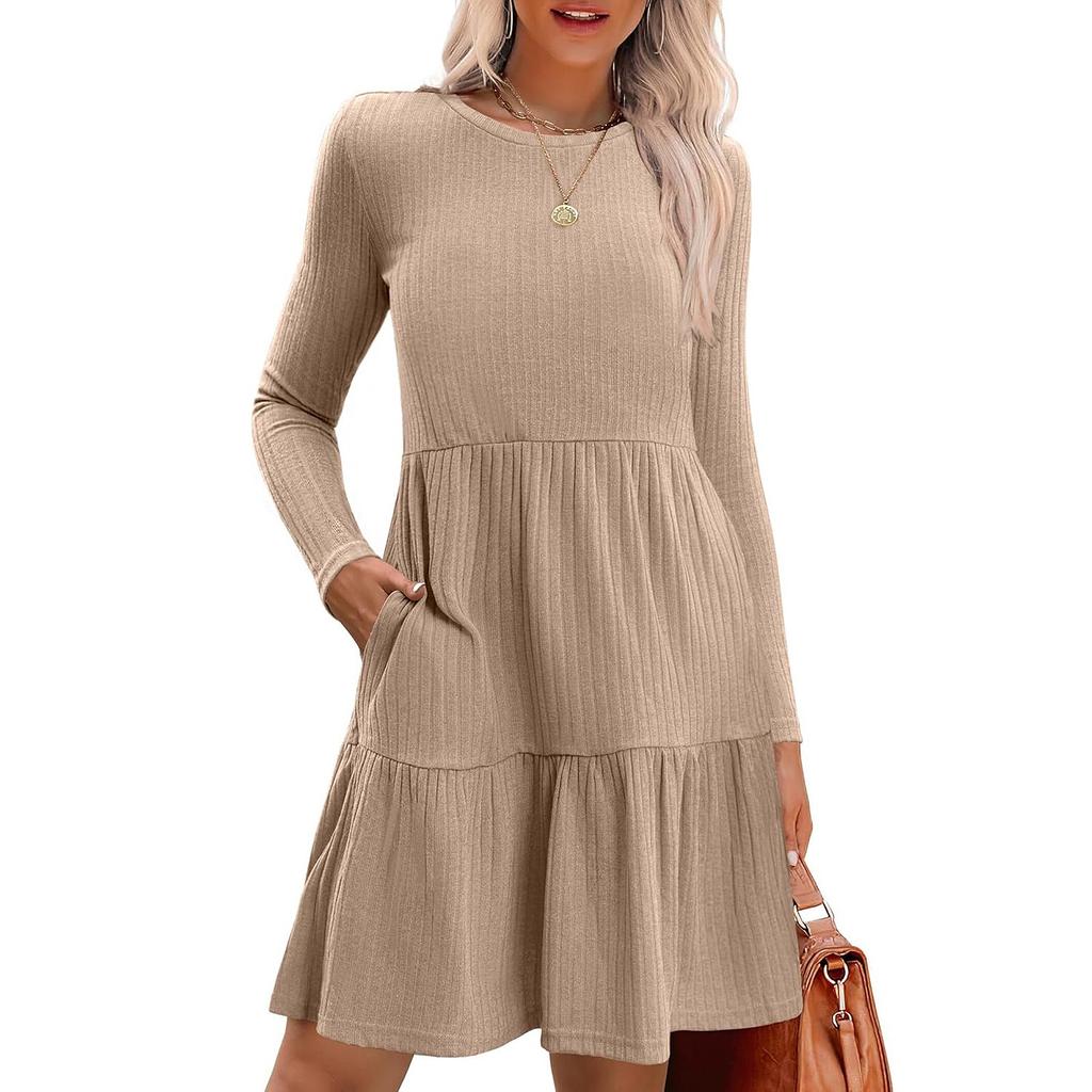 Dámské šaty s dlouhým rukávem Ležérní pletené šaty s výstřihem ke kolenům a kapsami