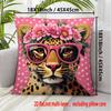 1Pc Pink Flower Crown Leopard Head Print Throw Pillow Cover,Suitable For Sofa,Bedroom,Living Room,A Sweet Gift For Animal Lovers