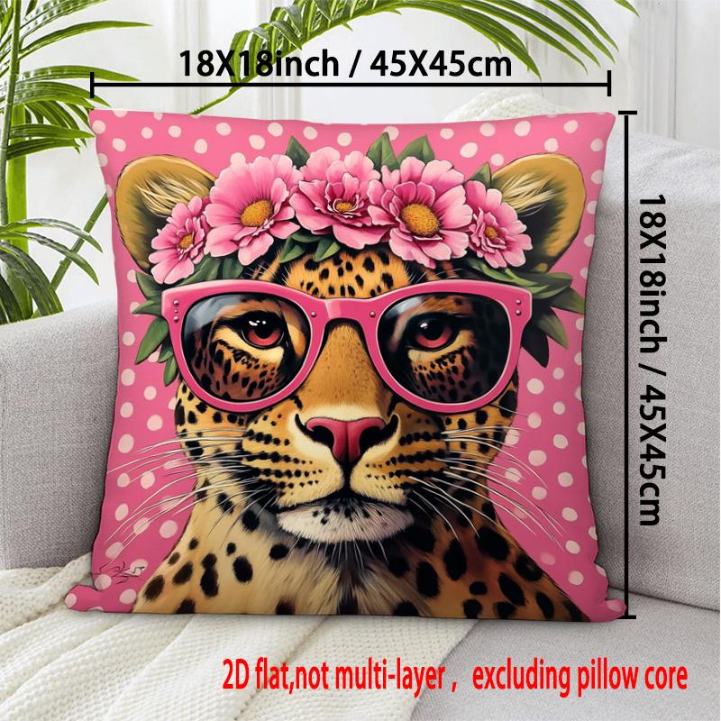1Pc Pink Flower Crown Leopard Head Print Throw Pillow Cover,Suitable For Sofa,Bedroom,Living Room,A Sweet Gift For Animal Lovers