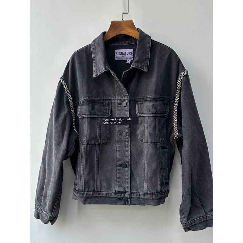 Los Angeles Single Super Cool Big Brand Same Style Boyfriend Style Handsome Profile Versatile Denim Jacket Shoulder Colorful Crystals