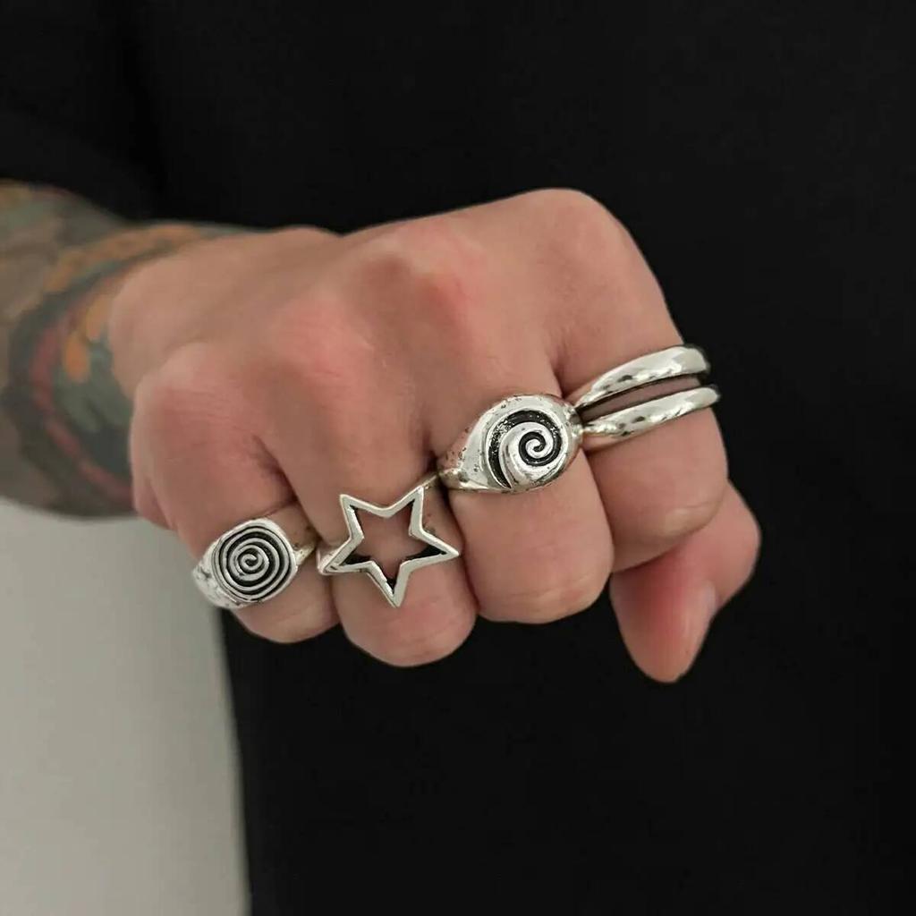 Ingemark 4Pcs/Set Punk Retro Five-Pointed Star Spiral Wide Rings Men Creative Hip-Hop Thick Finger Rings Set Steampunk Jewelry