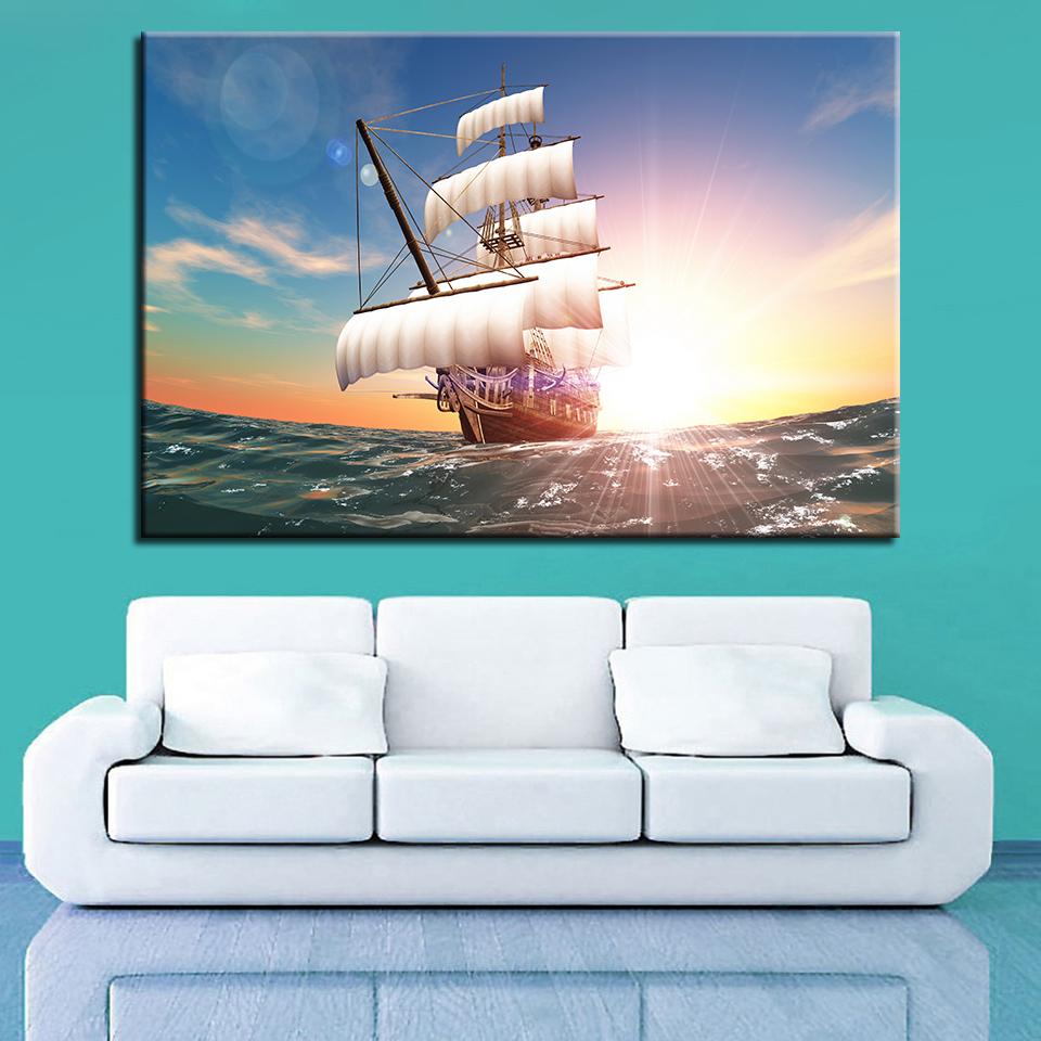 Sailing Boat Sunrise Canvas Painting Sea Night View Modular Landscape Posters and Prints Wall Art Pictures Home Decor No Frame