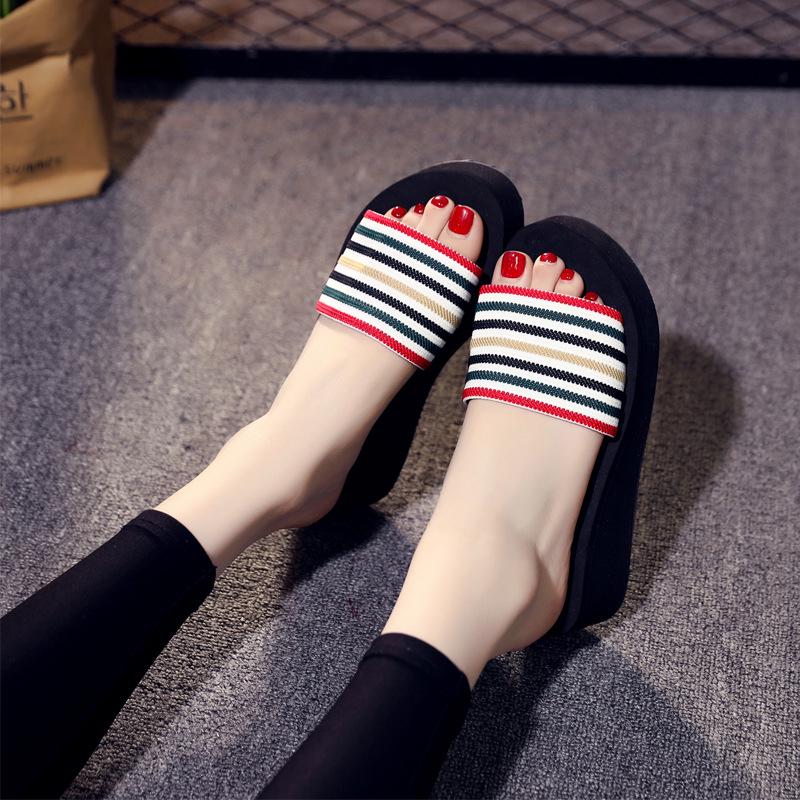 Women's Summer Foam High Heel Slippers: Non-Slip, Fashionable, Striped Korean Beach Sandals