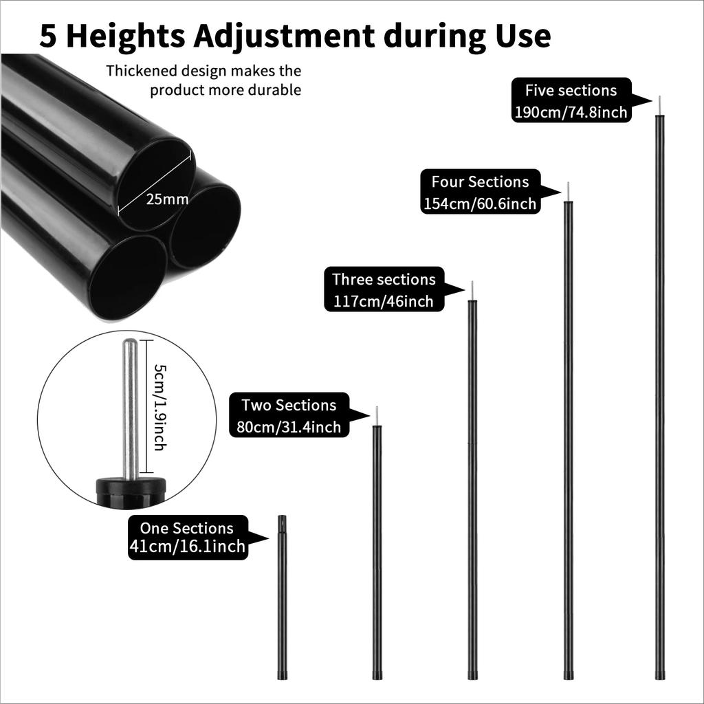 Telescopic Tent Poles Set of 2 Universal Adjustable Aluminium Camping Awning Poles Sun Sail Shelter Rods Tarp Tent Accessories