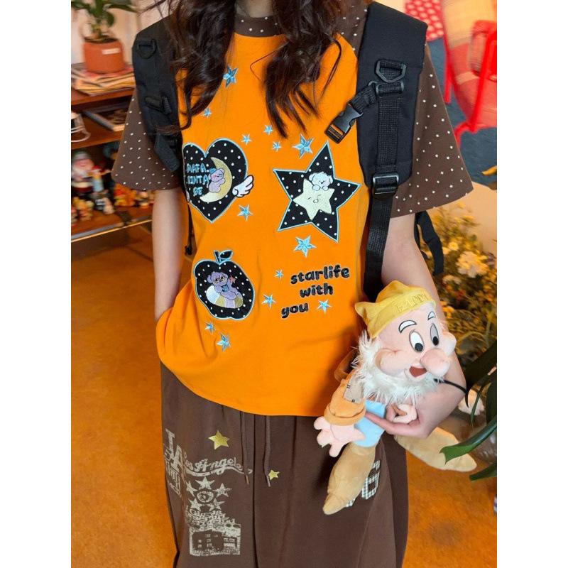 American vintage star embroidered raglan short-sleeve T-shirt for women, summer loose dopamine orange shoulder short top S оранжевый
