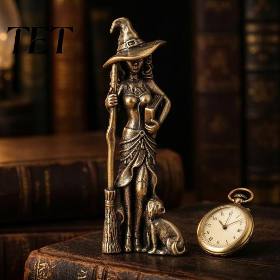 Vintage Witch Statue Brass with Cat, Metal Figurine, Collectible Fantasy Miniature Collectibles Halloween Desk Ornament for Gothic Home Office,