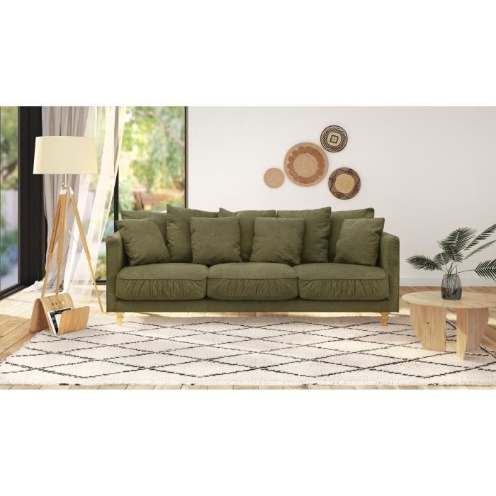 CONSTANCE 4-seater Fixed Sofa - Green Fabric - Solid Wood Legs - L 212 X H 87 X D 93 Cm