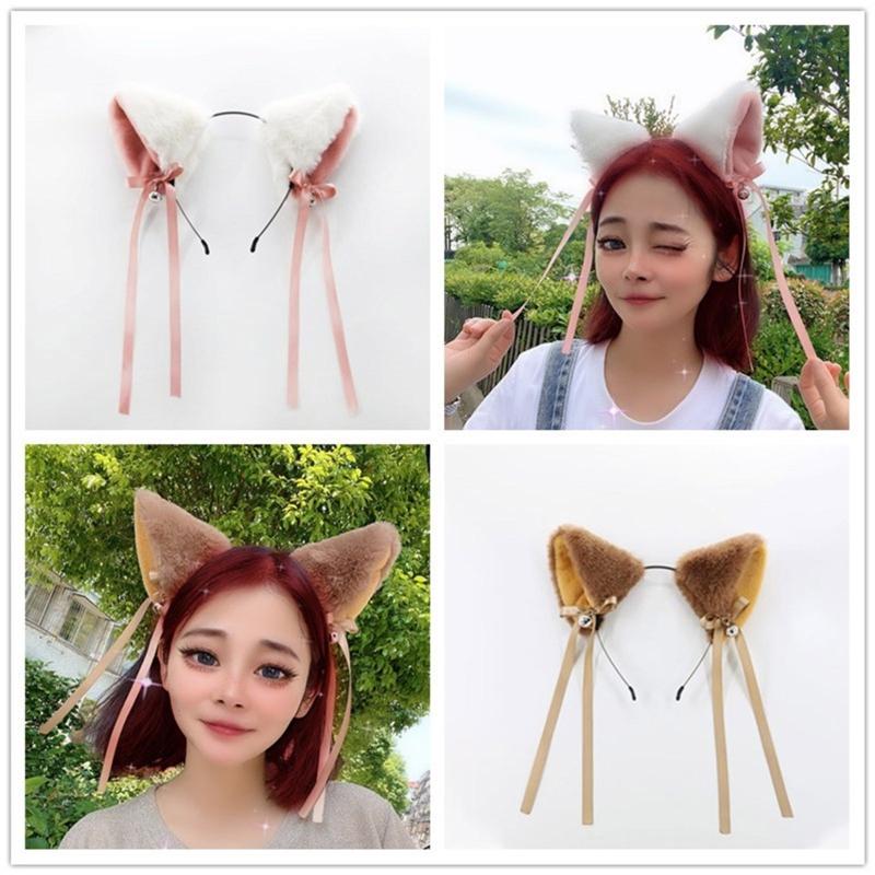 Lolita Cats Ears Hair Hoop Plush Headdress Simulation Animal Headband with Bowknot All-match Headband for Street Shoo
