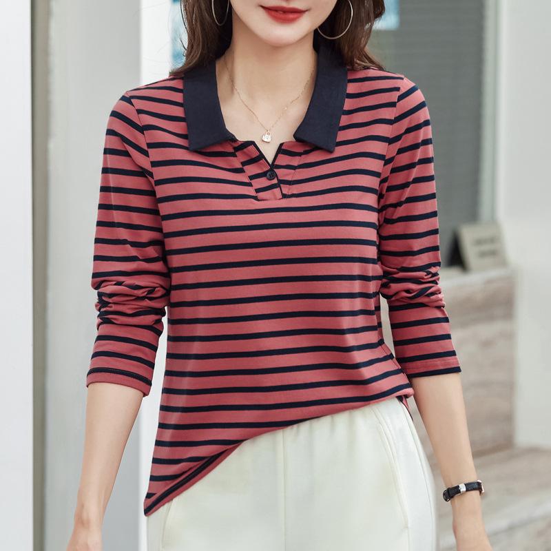 Women's Striped Long-Sleeve Polo Top in Pure Cotton