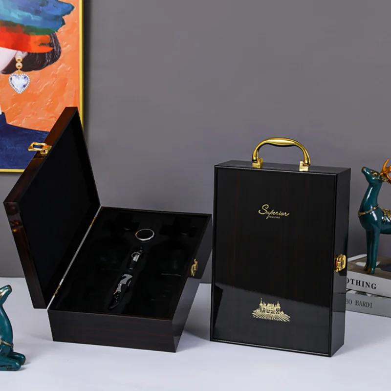 Single/Double Leather Box Wine Bottle Box Luxury Handle Wooden Organizer Gift Wood Wine Holder for 2 Red Wine Packaging