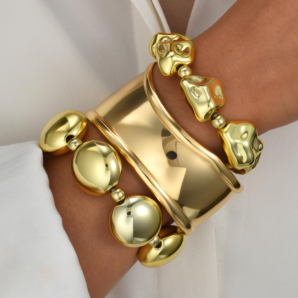 17KM 3 Piece Irregular Beaded Metal Bangle Set Fashion Jewelry Women Trendy Shiny Daily Party Accessory Gift For Her