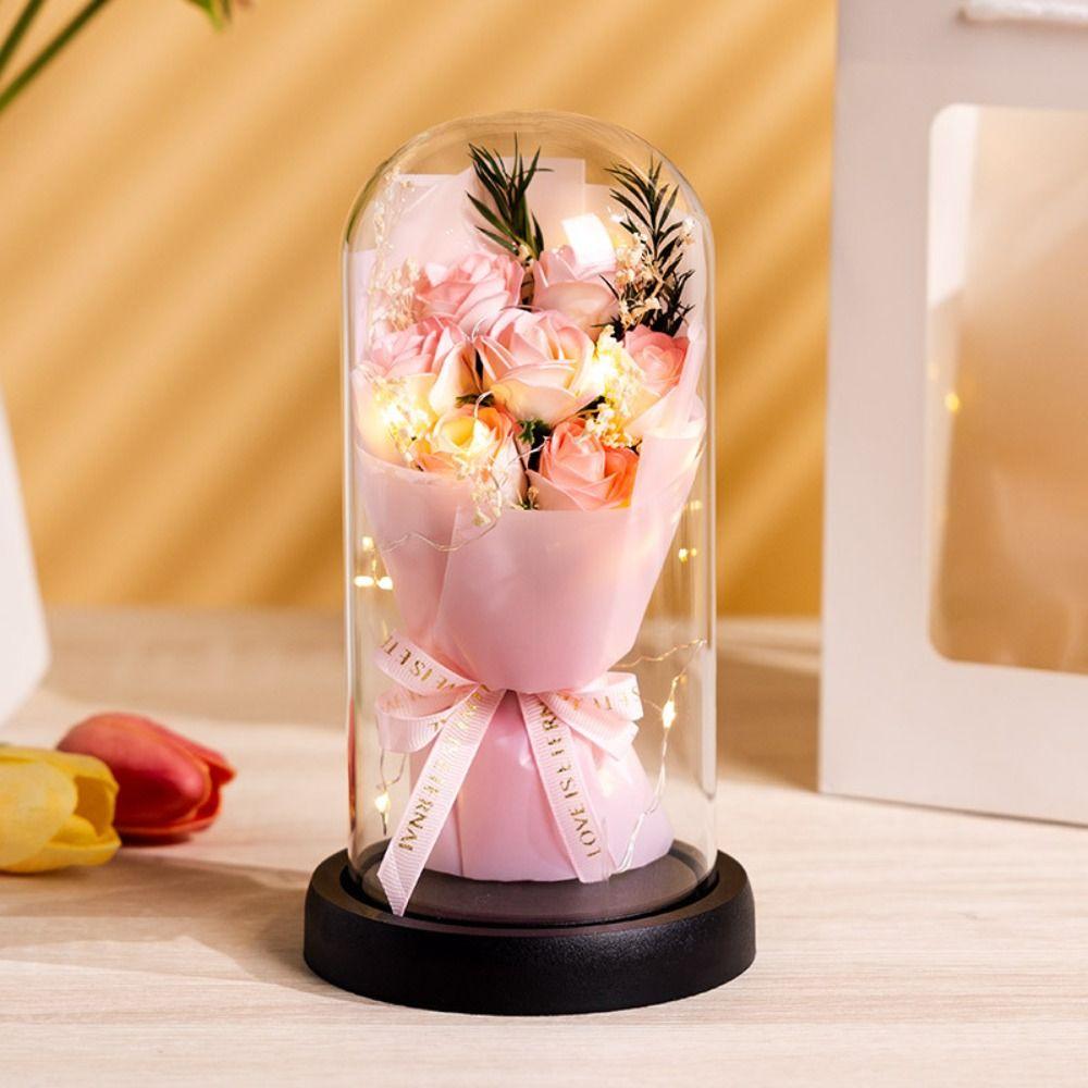 Acrylic Dome Rose Eternal Flowers LED Light Simulation Flower Decor Starry Sky Bouquet Gift