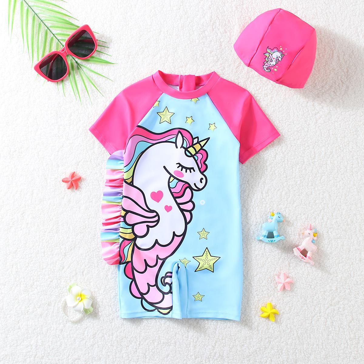 

Слитный купальник для девочек «Радужный конь» 2025 - Короткий рукав, быстросохнущий, на молнии 6 Years небесно-голубой