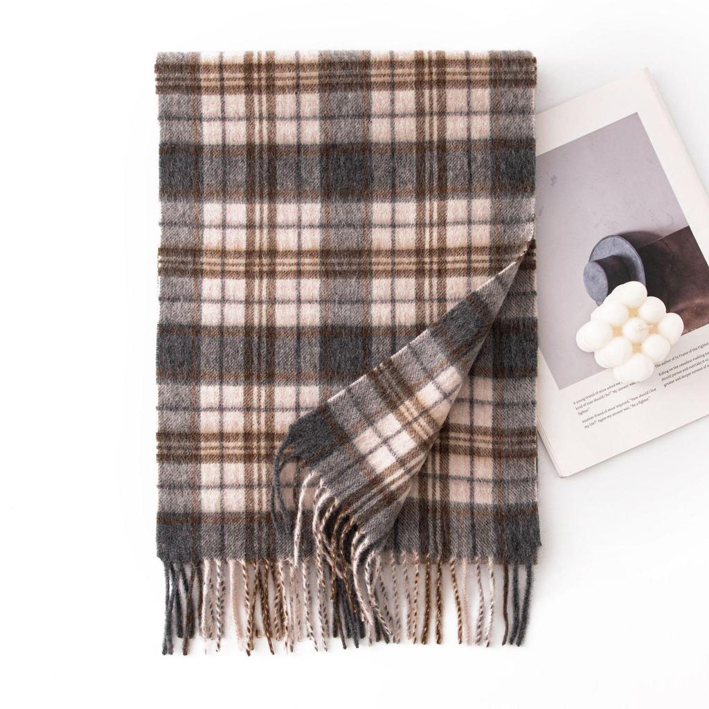 Women's 100% Wool Plaid Scarf - Korean Style, Autumn/Winter 2025, Long Tassel Shawl, Cold-Proof and Warm