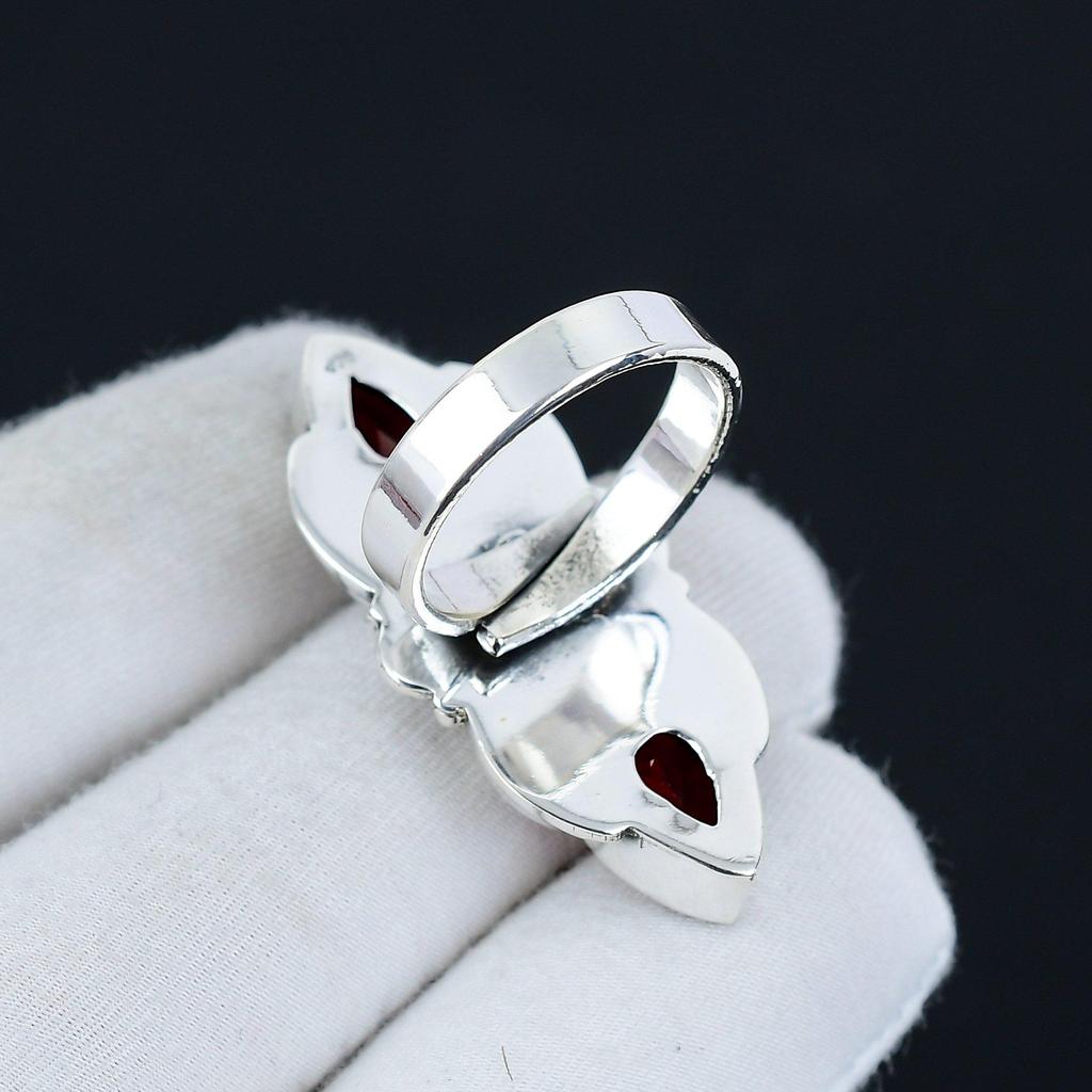 Garnet Gemstone Adjustable 925 Sterling Silver Ring - Fits US Sizes 6 to 10 - Handmade Boho Jewelry for Women & Men, Valentine Gifts