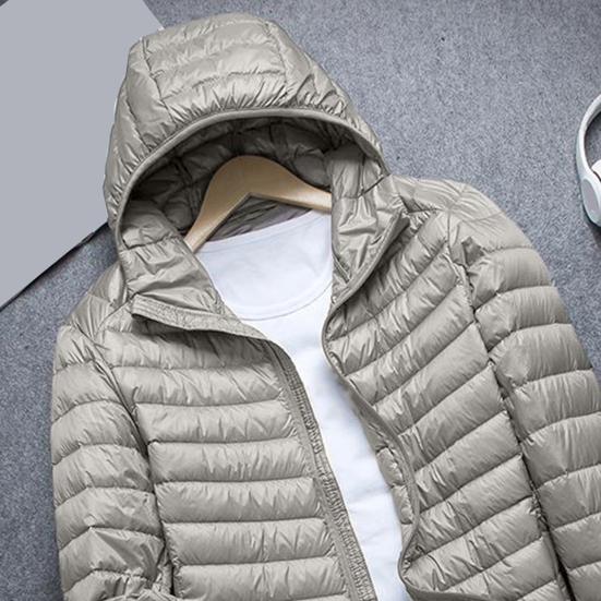Men Cotton Jacket Hooded Long Sleeve Solid Color Down Coat with Pockets Full Zipper Closure Thin Quilted Winter Outwear