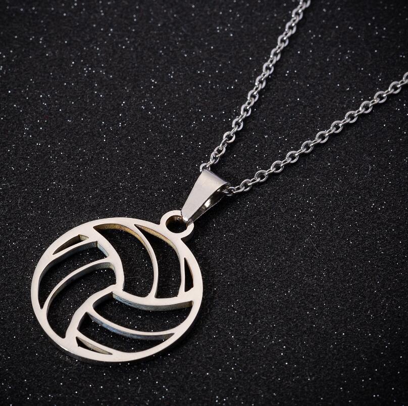 European-American Sports Series Volleyball Necklace: Stainless Steel Hollow Round Pendant Clavicle Chain