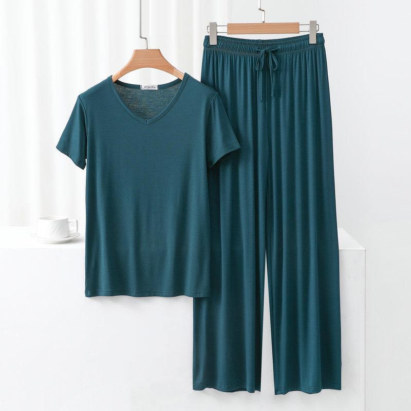 Modal Homewear 2pcs Pajamas Set Short Sleeve Tops and Trousers Solid Color Casual Loose Sleepwear Suit Plus Size Nightwear