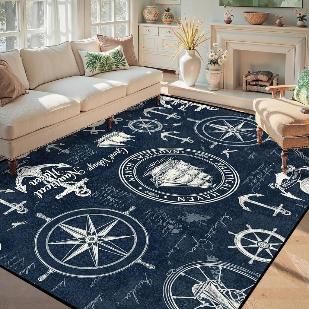 Dark Navy Nautical Rug, Anchor Ship Wheel Vintage Sailing Marine Pattern,Non-Slip Washable Mat for Living Room Sofa Dining Decor