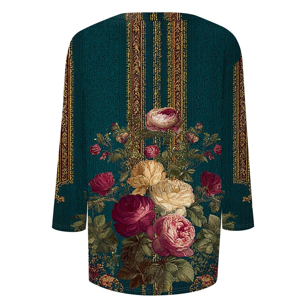 Trendy Vintage 3/4 Sleeve Top For Women,Ladies Casual Three Quarter Sleeve Round Collar Printed T-Shirt Blouse
