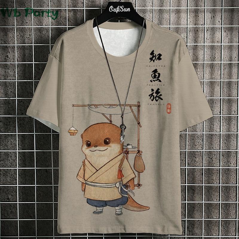 Japanisches Ukiyo-E T-Shirt Herren Tierdruck Grafik T-Shirts Vintage Herrenbekleidung Rundhals Kurzarm Tee Harajuku T-Shirt
