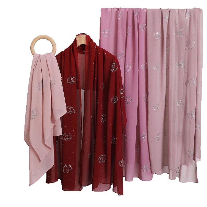 Chiffon Long Scarf Double Heart Rhinestone Ethnic Headscarf For Women