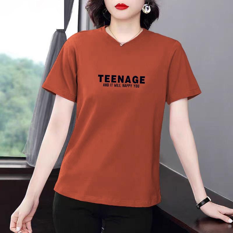 Plus Size Women's Loose Short Sleeve T-shirt, Summer Letter Print, Tummy Covering, Regular Shoulder, Clearance