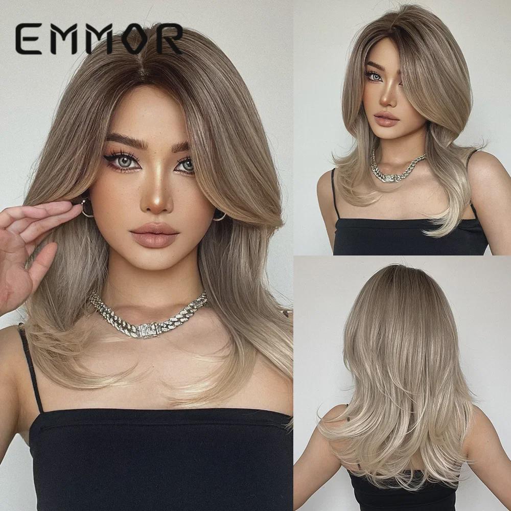 EMMOR Gradient Medium-Long Curly Wig with Side-Parted Flipped French Bangs
