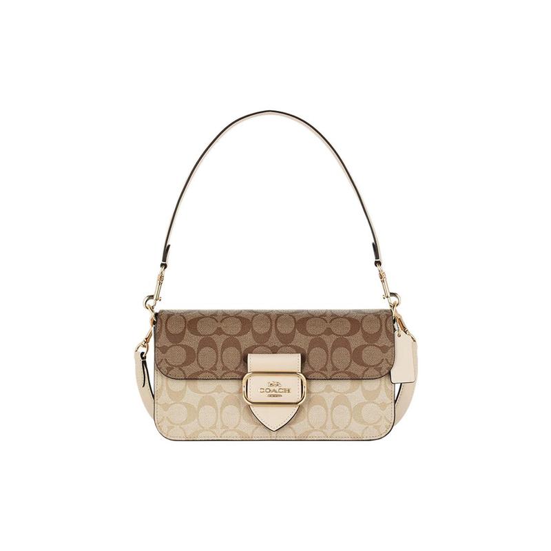 

COACH shoulder bag Morgan 27 classic presbyopic buckle closure, canvas and leather fragrant bud, armpit bag, hand bag, large size, women s light khaki коричневий