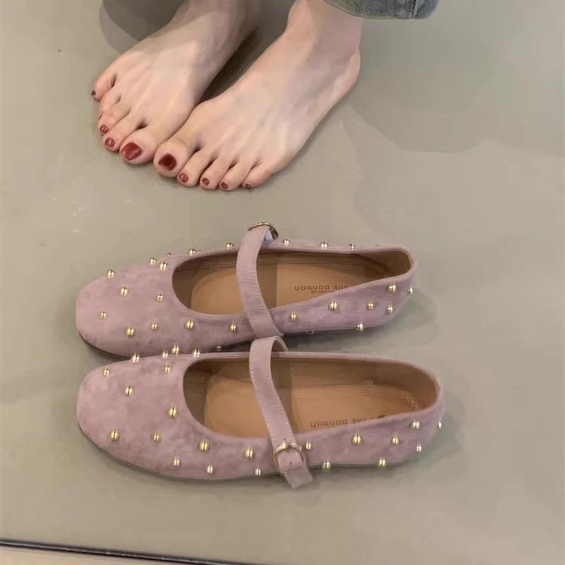 Fashion Mary Jane Shoes for Women Rivet Suede Classic Retro Brown Casual Soft Bottom Comfortable Ladies Flats Rhinestone Luxury Flats