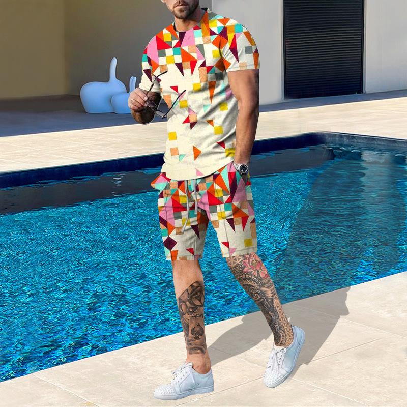 Plus Size Men's Summer Suit Round Neck Short Sleeved Shorts 3D Printed Loose Men's Casual Sports Set