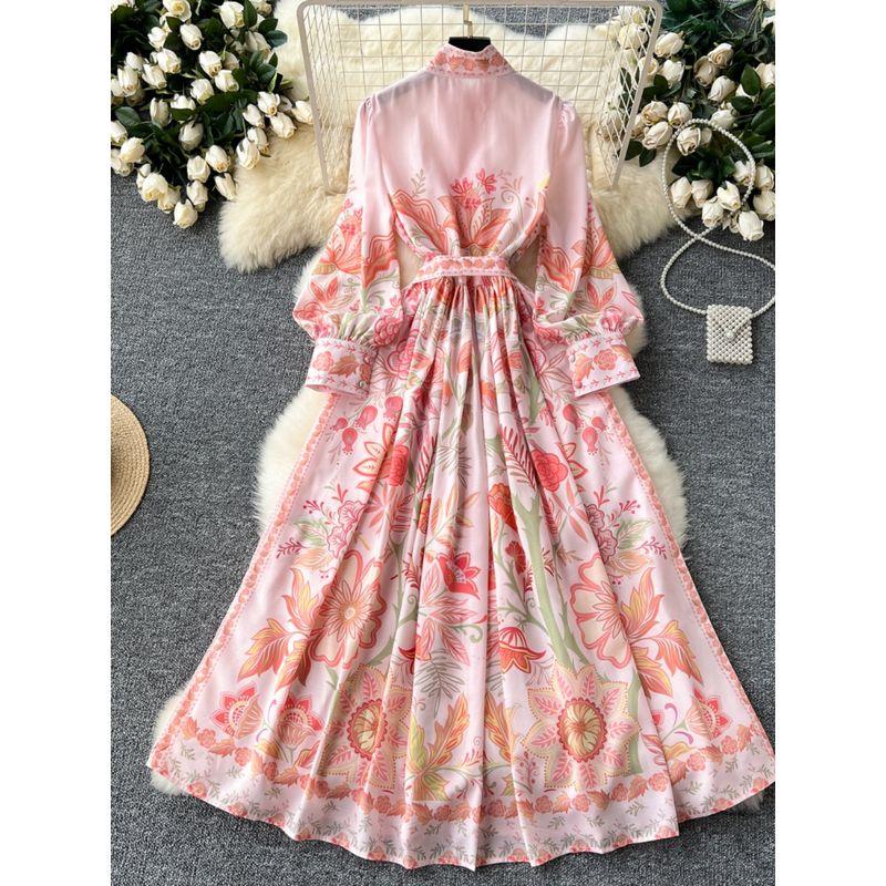 Fashion Fashionable Retro Stand Collar Lantern Long Sleeves Single Breasted Print Dress Female Waist Trimming Lace up Long Formal Dress