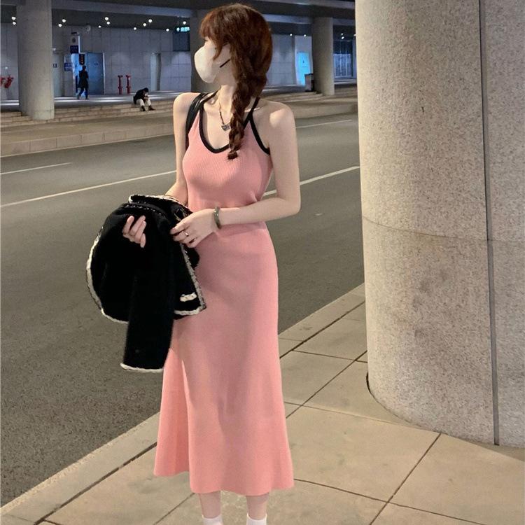 Pure desire wind suspender dress women's summer new contrasting color backless design sense slim and thin hip skirt