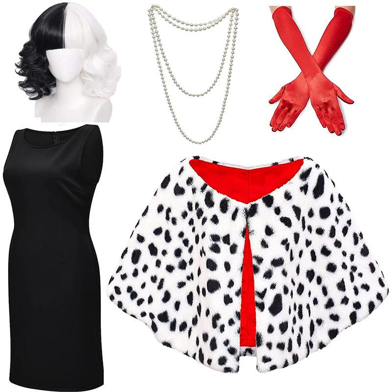 Cruella-Inspired Black & White Witch Costume Set: Shawl Cape, Dalmatian Wig, Gloves, Necklace, Party Dress.