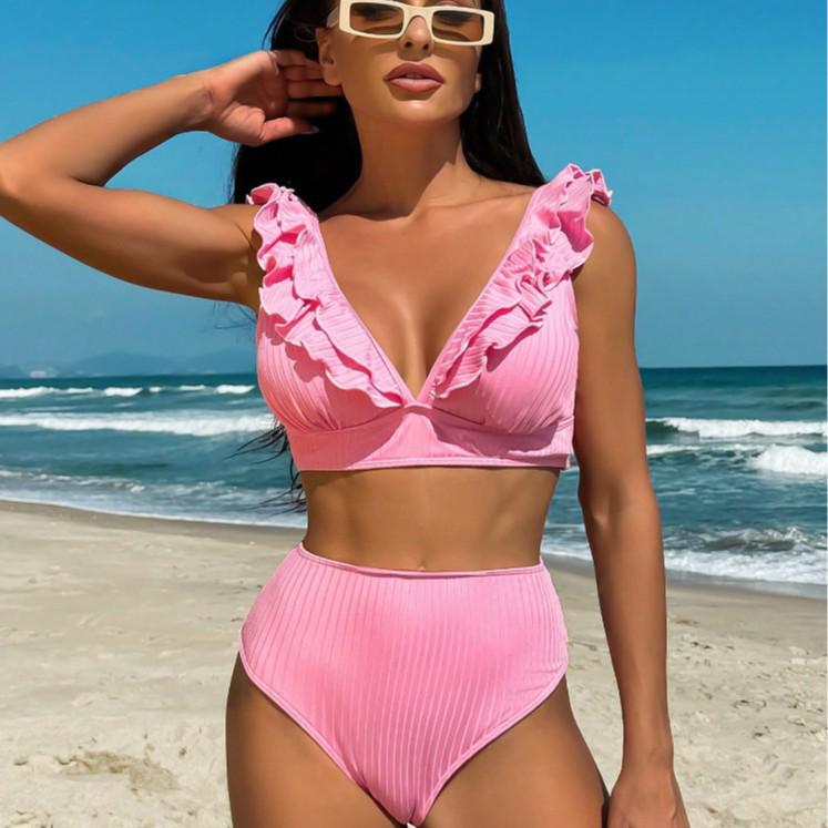 

2024 European & American Solid Color Ruffle Bikini Swimsuit for Women M розовый