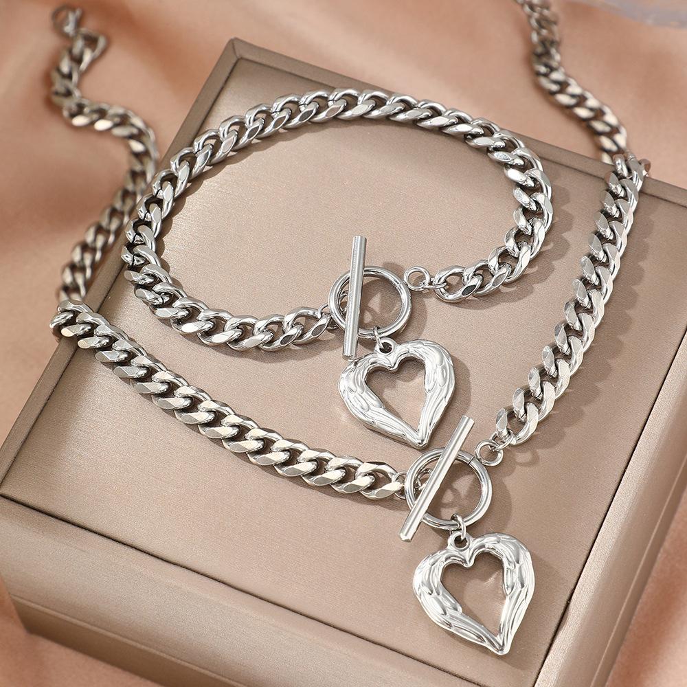 Stainless Steel 18K Gold Plated Heart Pendant Necklace Bracelet Set Women Hip Hop OT Buckle Cuban Clavicle Chain Jewelry