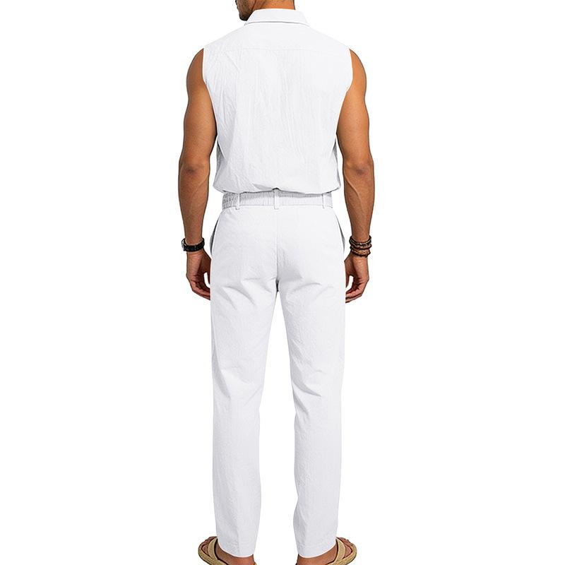 Men's European Summer Linen Sleeveless Shirt & Long Pants Set - Breathable & Trendy Two-Piece