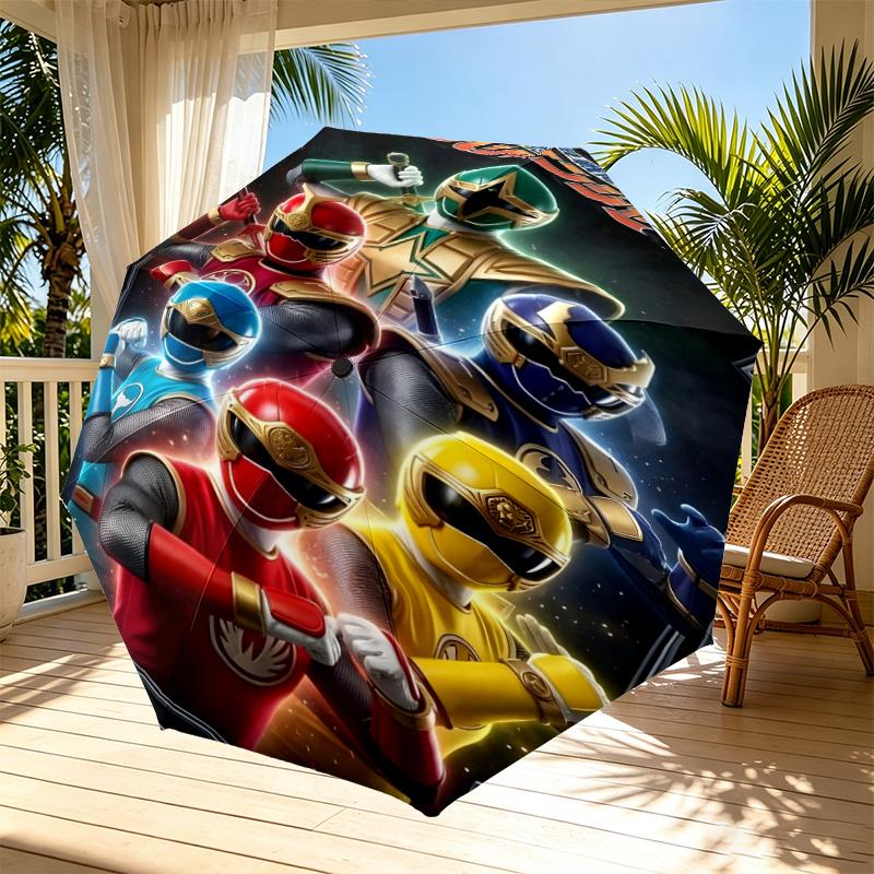Mighty Morphin Power Rangers Print Automatic Open Close Umbrella, Portable Foldable Umbrella, for Outdoor Commute Camping Trip, Ideal Birthday Gift