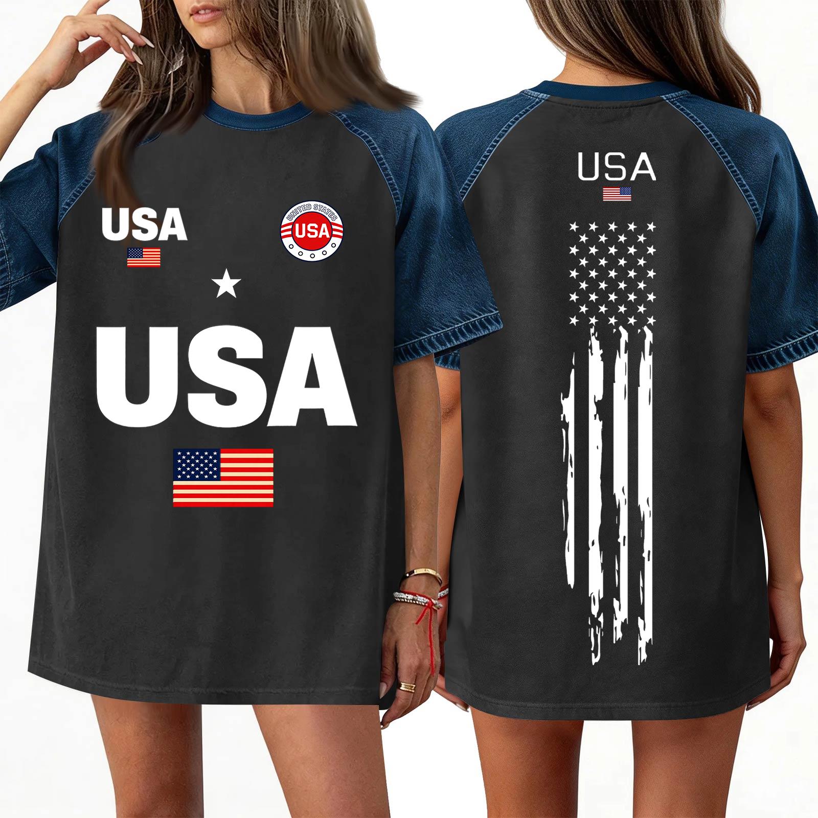 

Women s Denim Patchwork Top, Casual Short-sleeved Comfortable T-shirt, Fashionable For Spring And Summer. M