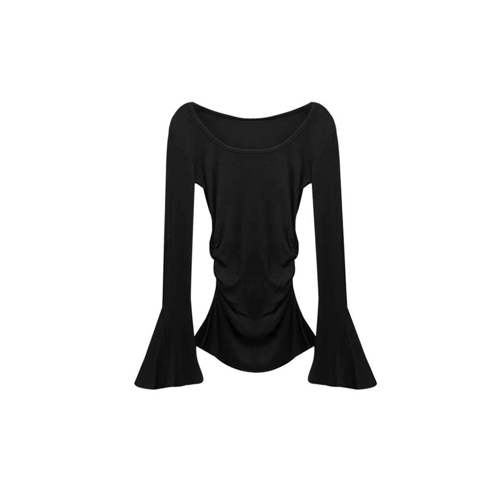 

Yuyi 2025 Autumn/Winter Women s Micro-Flare U-Neck Pleated Slit T-shirt One Size чёрный