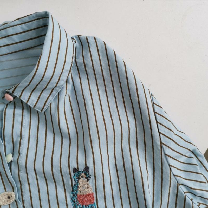 Embroidered Korean Vertical Striped Cotton Long-sleeved Design Versatile Shirt Women Autumn New