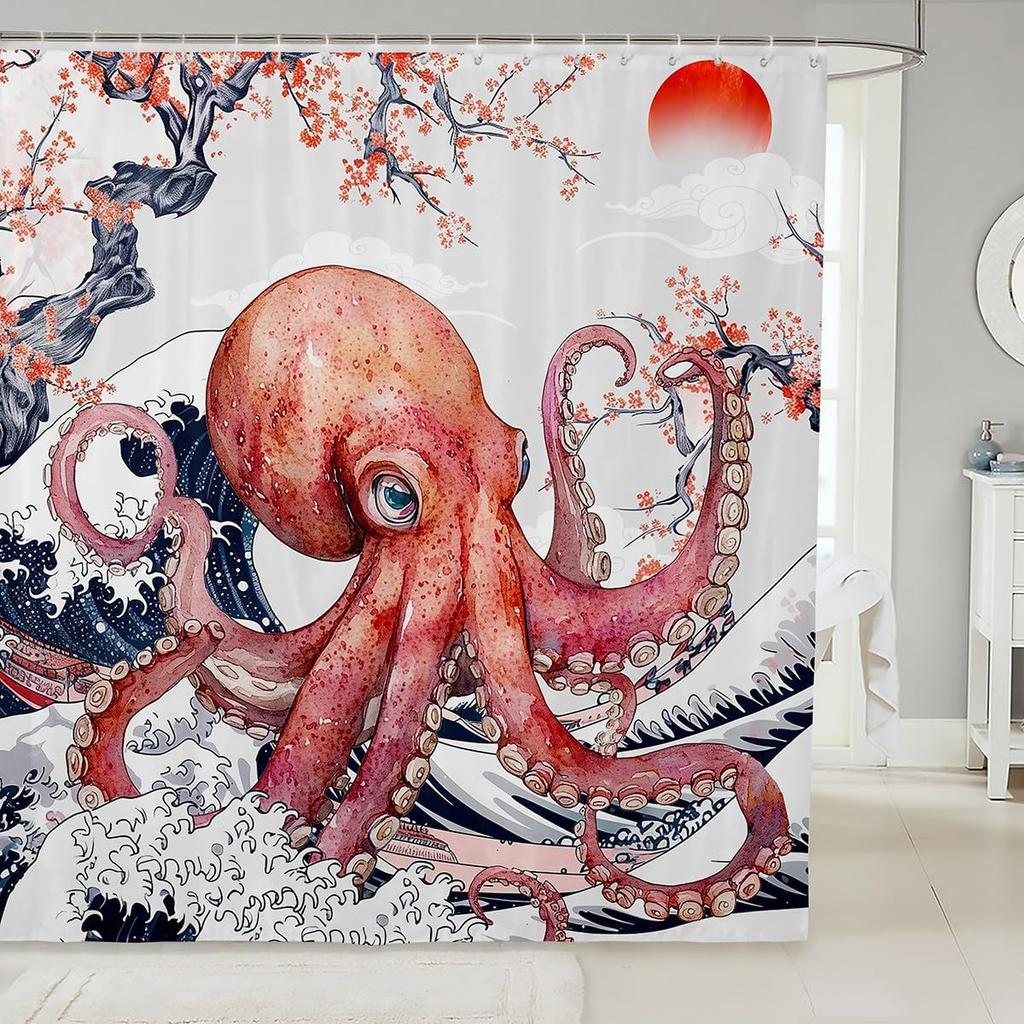Cartoon Lion Shower Curtain for Kids Boys Girls Japanese Style Waterproof Bathroom Curtain, Vintage Ukiyoe Bath Curtain Ocean