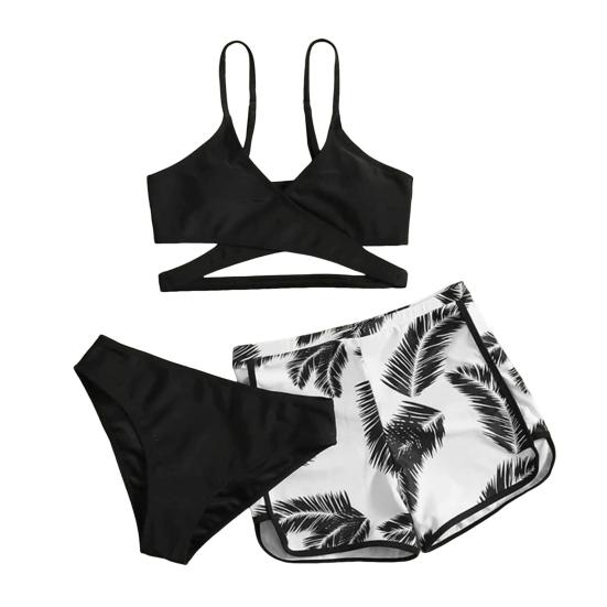 

Yousheng комплект из 3 предметов/комплект купальника с V-образным вырезом на бретелях, плавки средней посадки, однотонный комплект бикини с шортами с принтом перьев S чёрный