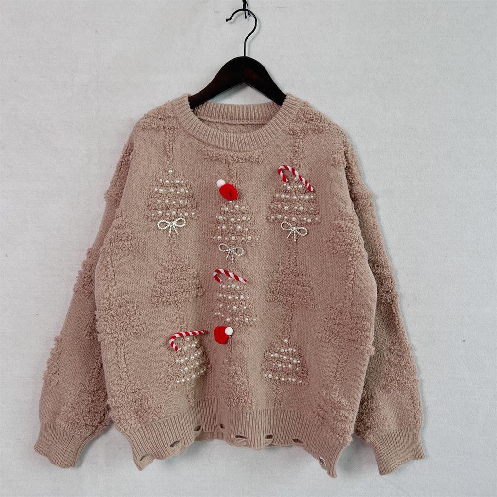 Solid color handmade pearl Christmas three-dimensional decoration plush New Year sweater Christmas sweater 3612 EMA