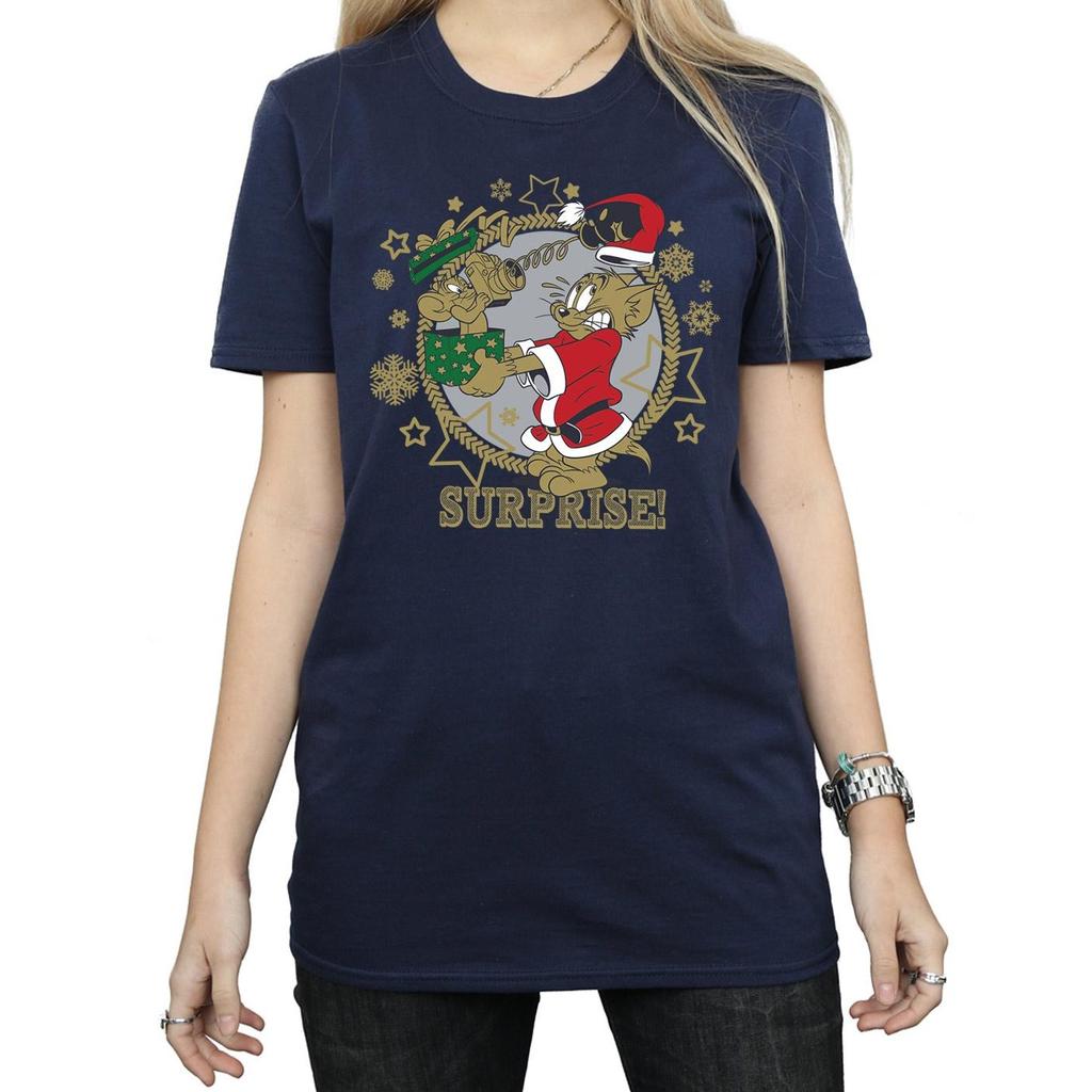 Tom And Jerry Womens/Ladies Christmas Surprise Cotton Boyfriend T-Shirt