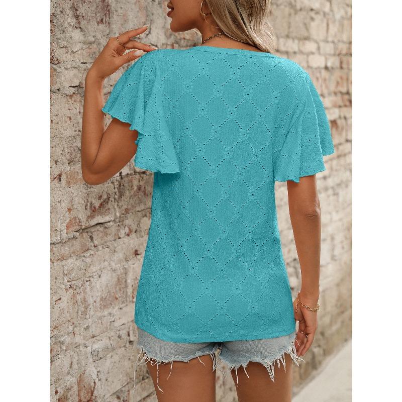 Summer Round Neck Pullover Short Sleeved Top with Ruffle Sleeves Casual Women's T-shirts