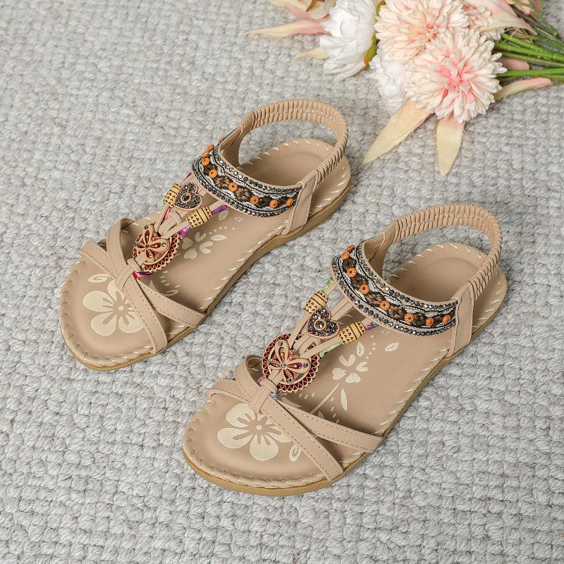 Fashion Retro Women's Sandals Flower Print Sewing Shoes Summer